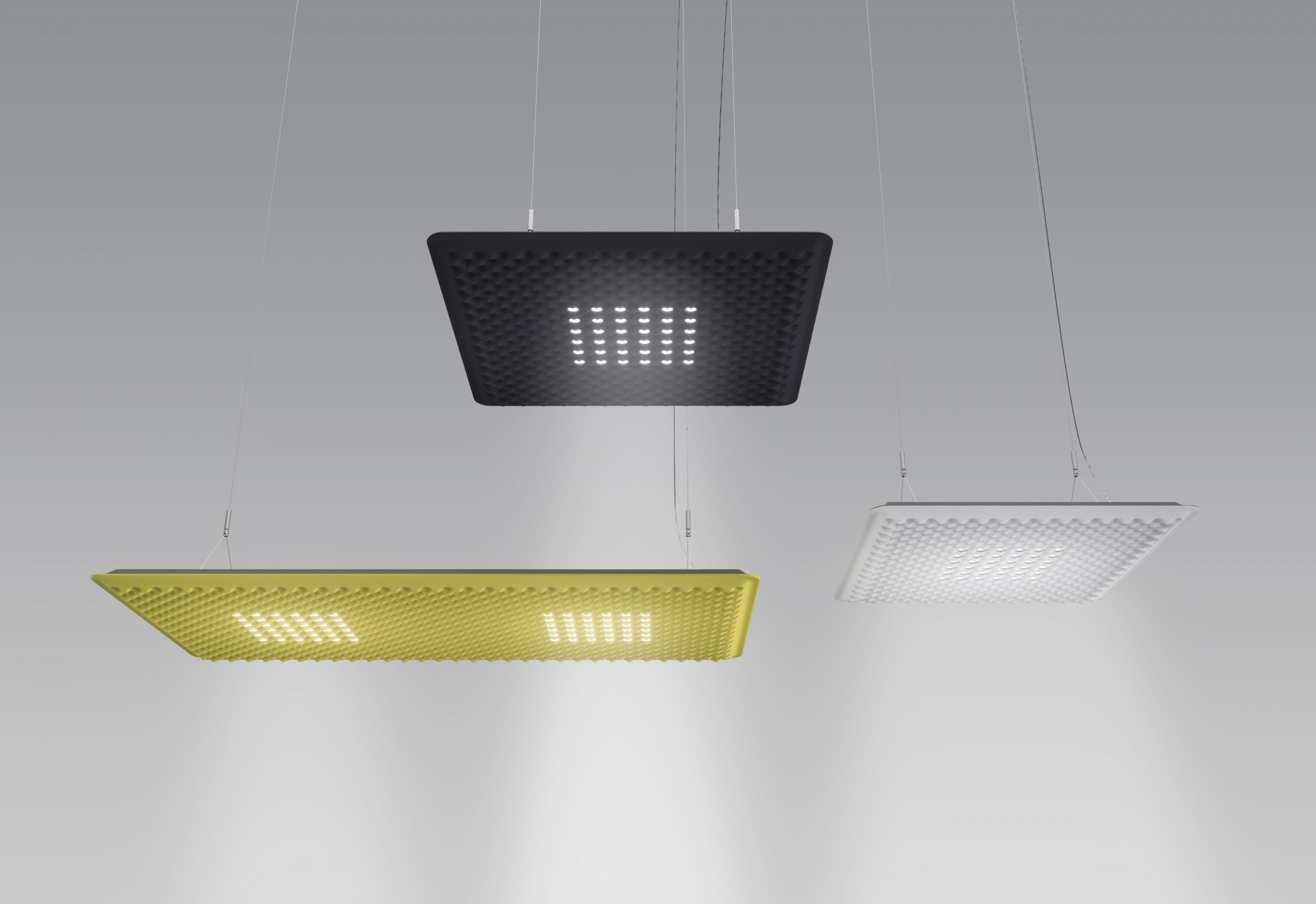 Eggboard Matrix Pendelleuchte von Artemide in Schwarz, Gelb und Weiß, moderne LED-Deckenleuchte.